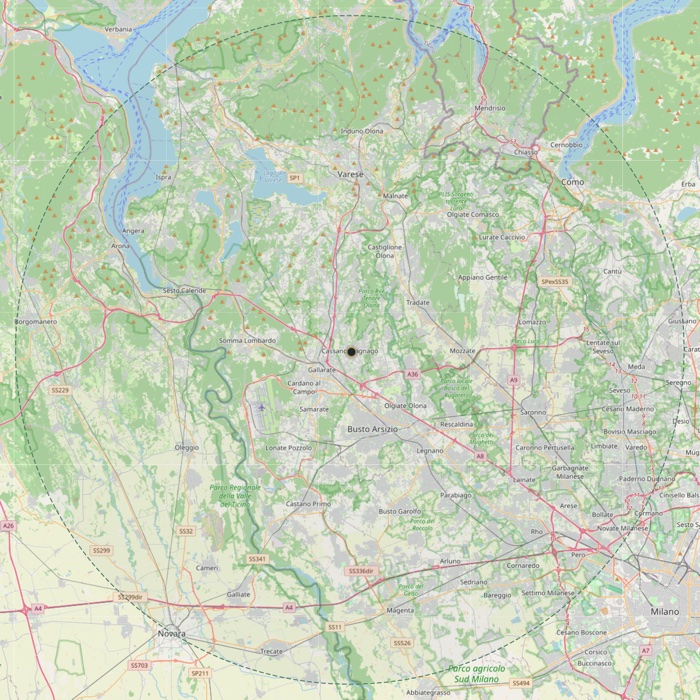Mappa dell'area di intervento entro 30 km da Cassano Magnago, con centro sulla nostra sede