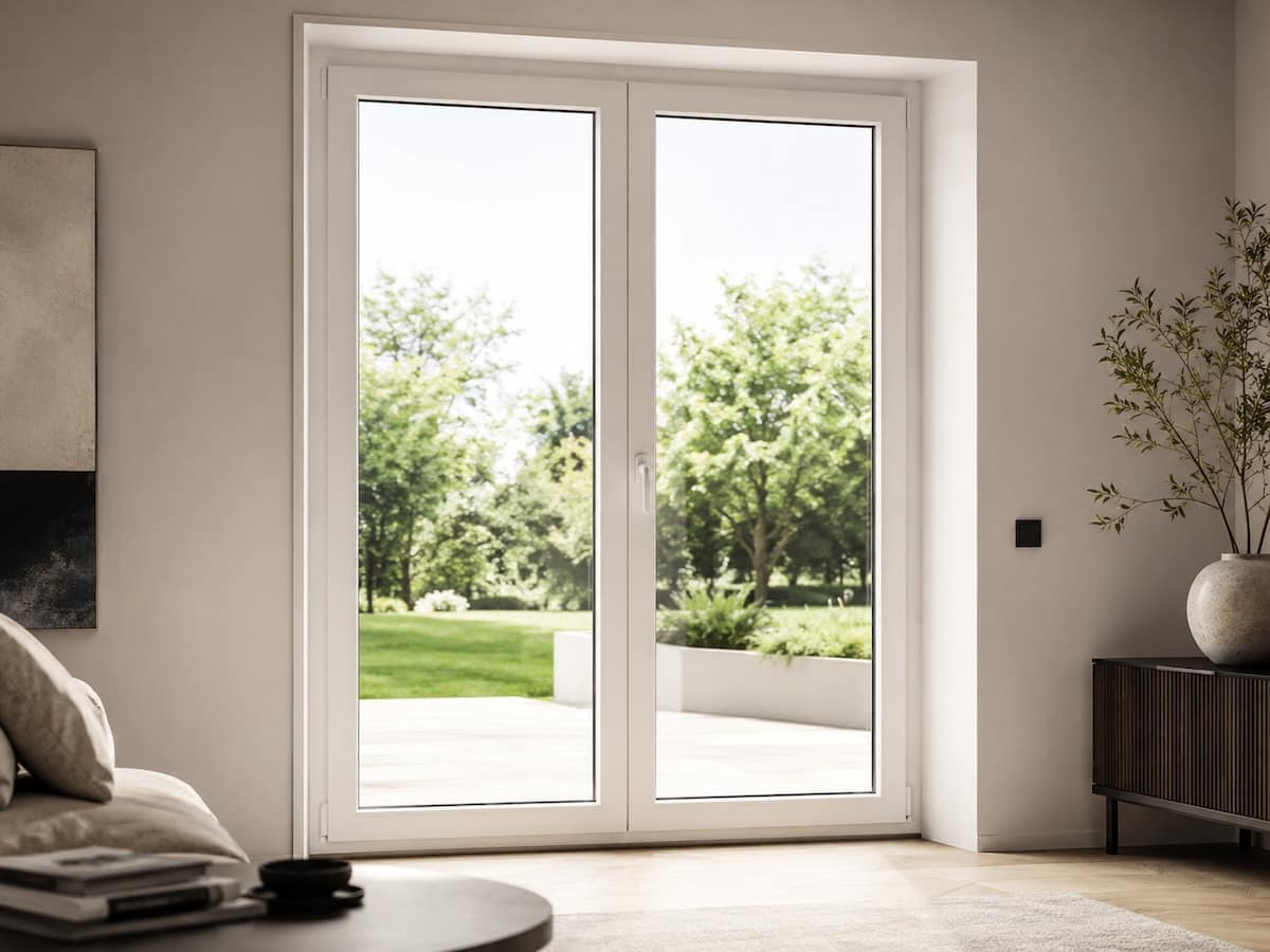 Serramento in PVC bianco con doppia anta apribile su terrazzo